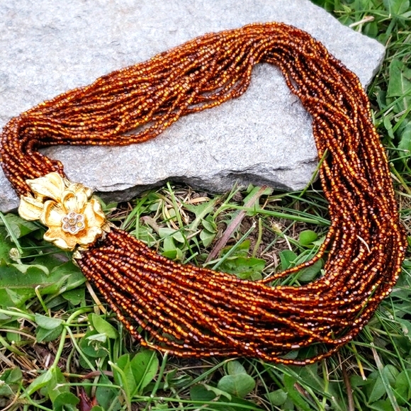 Vtg Amber Glass Bead Flower RS Torsade Necklace - Picture 4 of 8